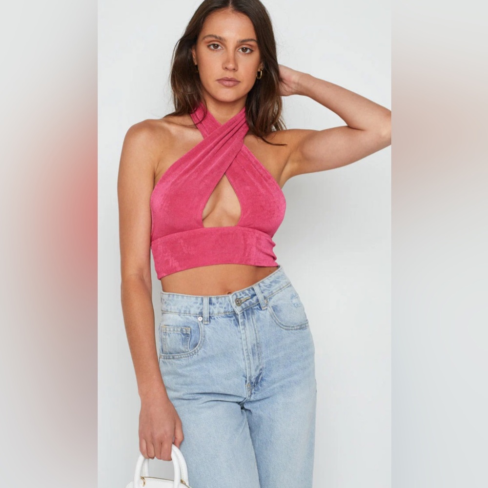 Beginning Boutique Pink Cross Neck Top
